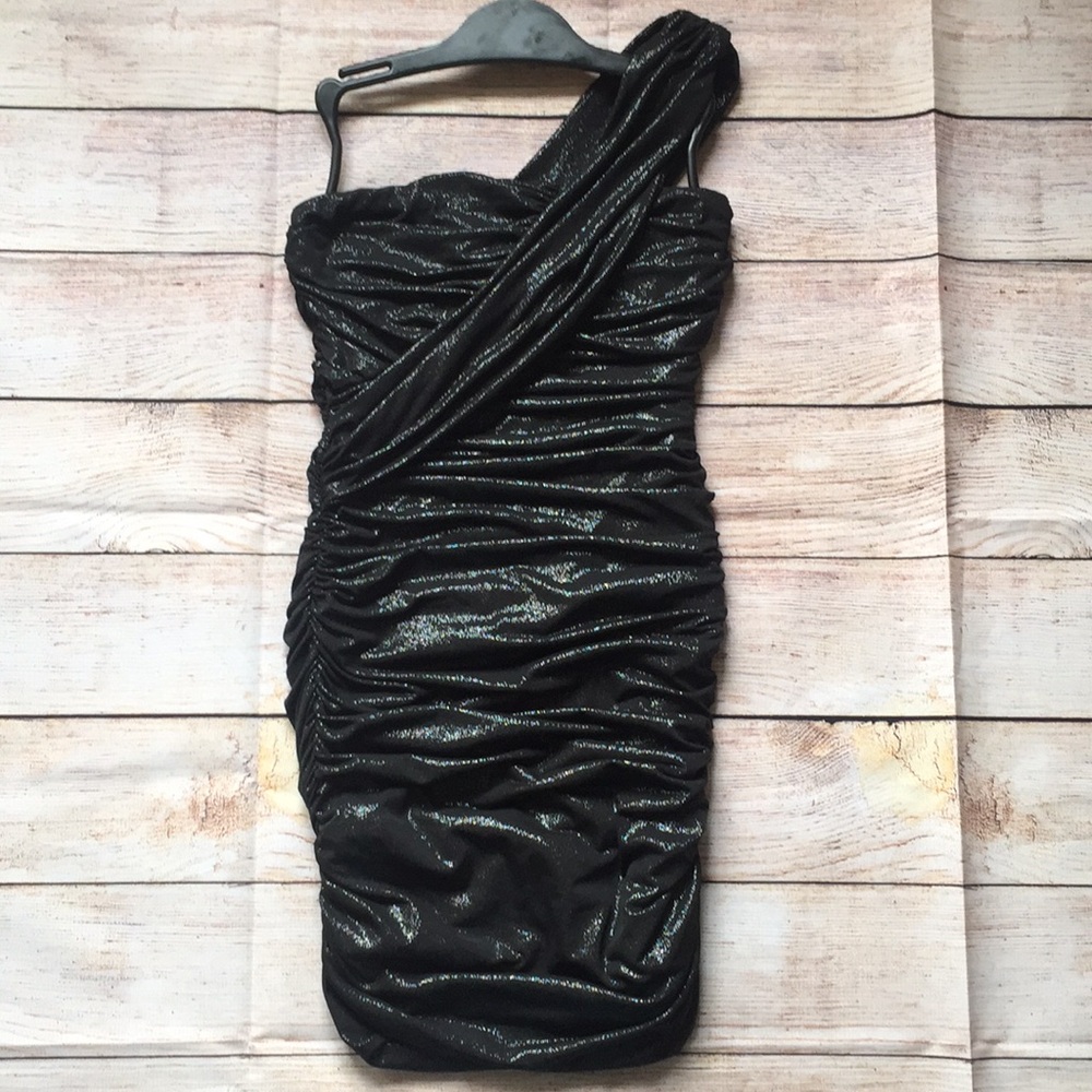 Black with silver sparkle body con ruched dress